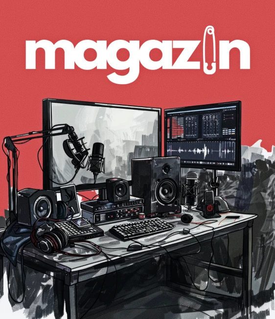 Red background with the 'magazin' logo above a cluttered recording desk showing two monitors, a microphone, mixer, keyboard, speakers, and headphones on/around the desk.